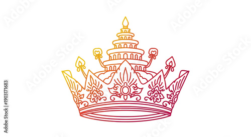 Ornate royal crown with pagoda top in colorful gradient outline on white background