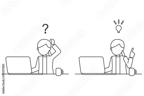 疑問と解決の人物線画セットイラスト　パソコン作業とひらめき