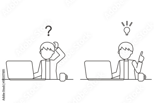 疑問と解決の人物線画セットイラスト　パソコン作業とひらめき