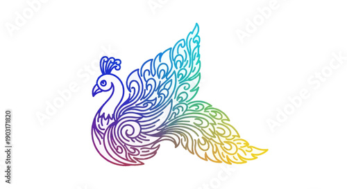 Vibrant gradient peacock illustration with intricate details, a symbol of beauty and grace