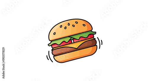 Vibrant cartoon burger with fresh ingredients and sesame seed bun on white background fast food