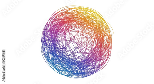 Vibrant colorful abstract tangled scribble lines forming a sphere or global shape artwork on white