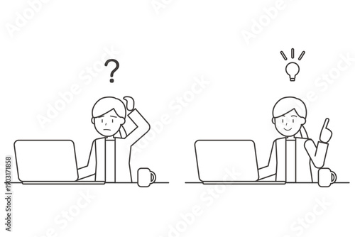 疑問と解決の女性線画セットイラスト　パソコン作業とひらめき