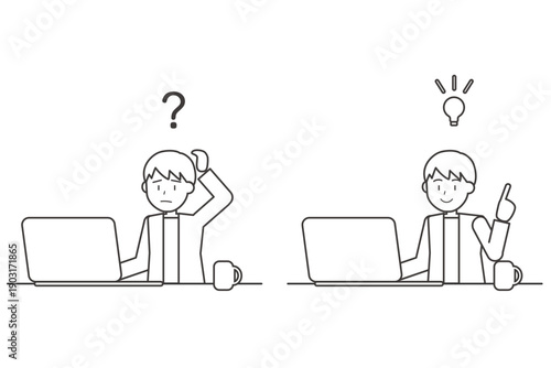 疑問と解決の男性線画セットイラスト　パソコン作業とひらめき