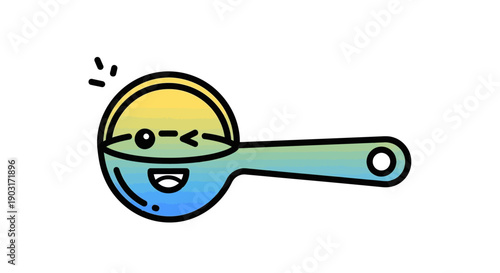 Delightful cartoon measuring spoon with a happy winking face and vibrant gradient colors