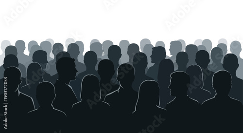 Abstract vector illustration depicting the silhouettes of a large, diverse crowd of anonymous individuals gathered together against a stark white background.
