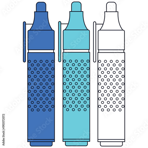 Marker Trio: An artistic rendering of three markers, each in a unique shade of blue, showcasing precision and vibrant design.