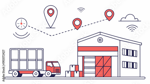 Logistics and delivery concept with truck and warehouse location tracking