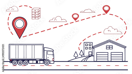 Delivery truck with gps navigation driving to a suburban house location