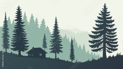 A serene cabin nestled among tall pine trees on a hill with a misty mountain range in the background at dusk