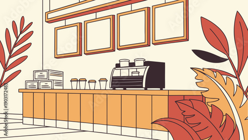 A coffee shop counter with a coffee machine and empty picture frames on the wall