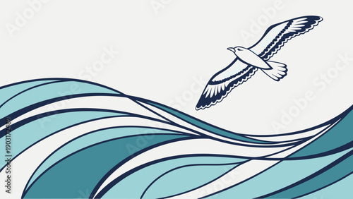 Seagull flying over wavy ocean water in a stylized illustration