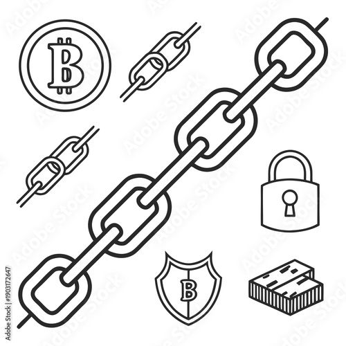 Black and white illustration of bitcoin chain and security icons