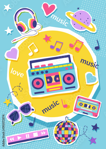 Colorful music retro collage poster with disco ball, headphones, cassette, recorder. Concept of music, retro, 90s. Vector flat background.
