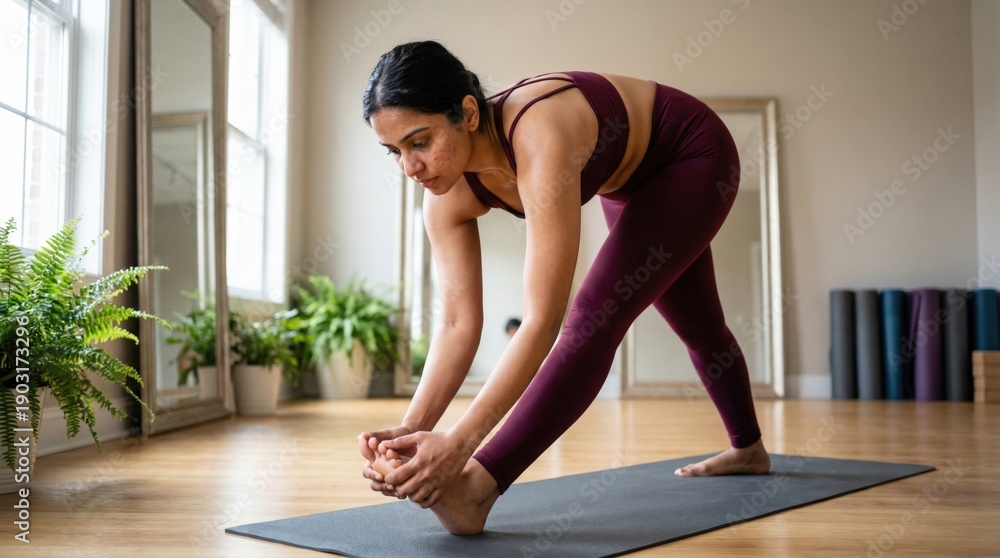 Fototapeta premium Woman practicing yoga in a sunlit studio, focused on stretching