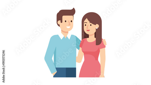 Happy Cartoon Couple Hugging Vector Illustration | Flat Design Graphic of Young Man and Woman in Love, Standing Together on White Background