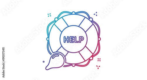 Gradient line art lifebuoy icon with 'HELP' text and water drop symbolizing emergency assistance