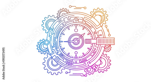 Stylized time mechanism illustration featuring vibrant gradient outlines gears and futuristic