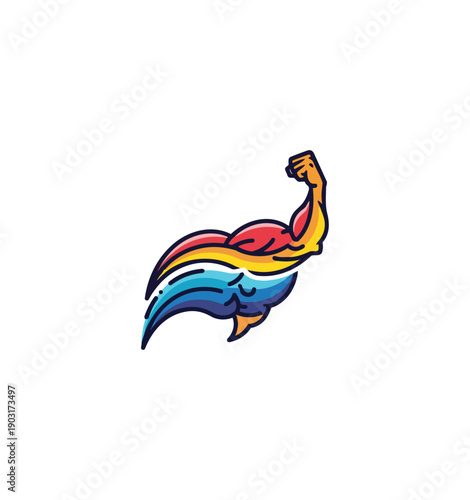 Abstract illustration of flexing arm with colorful design elements on black background