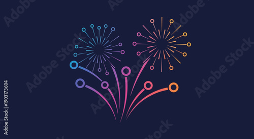 Vibrant abstract fireworks display with digital circuit-like elements on a dark background