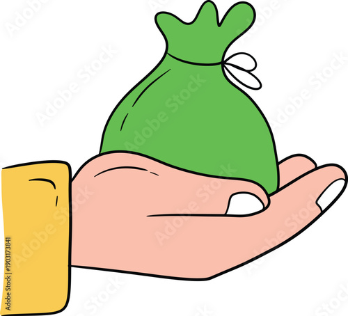 Hand holding a green pouch with a drawstring, symbolizing charity or donation during a religious event or cultural celebration, depicted in a simple illustration style