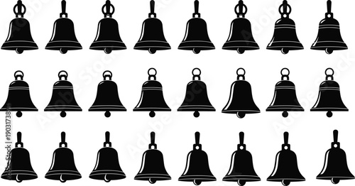 Black bell silhouette vector set featuring various classic hand bell and school bell designs with different handles for notification alerts and holiday decoration.