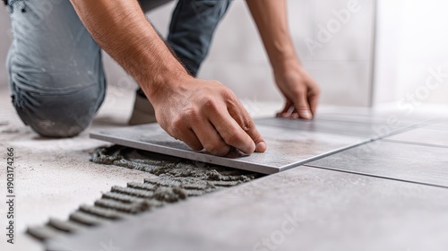 Modern Flooring: Professional Installation of Grey Ceramic Tiles in Contemporary Home
