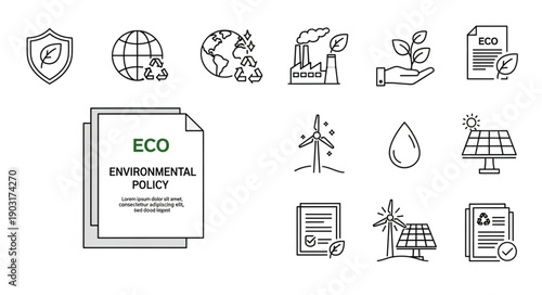Collection of eco friendly icons representing environmental policy and renewable energy.