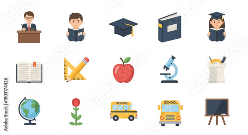 Collection of educational icons and symbols representing learning and school.