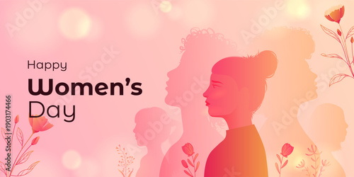 happy womens day creative banner illustration with pink yellow background