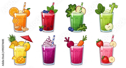 Collection of eight colorful fresh fruit and vegetable juices.