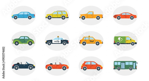 Collection of diverse vehicles in flat design style.
