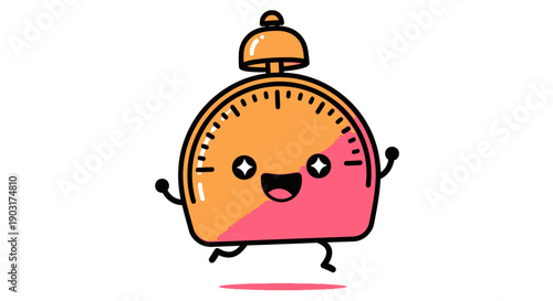 A vibrant cartoon alarm clock character with a joyful expression jumping excitedly