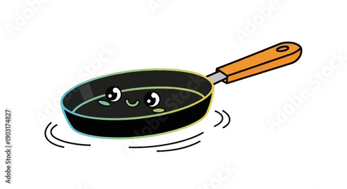 A cheerful frying pan with a friendly face illustration, perfect for cooking-related designs
