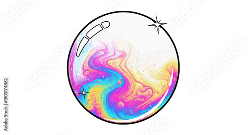 Mesmerizing iridescent soap bubble with vibrant fluid art swirls on a crisp white backdrop