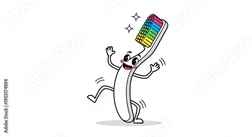 Cheerful Cartoon Toothbrush Character with Rainbow Bristles Dancing Happily Illustrates Dental