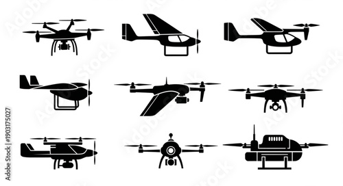 Collection of drone aircraft silhouettes for various uses.