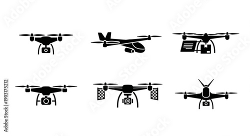 Collection of drone silhouettes for technology and innovation.