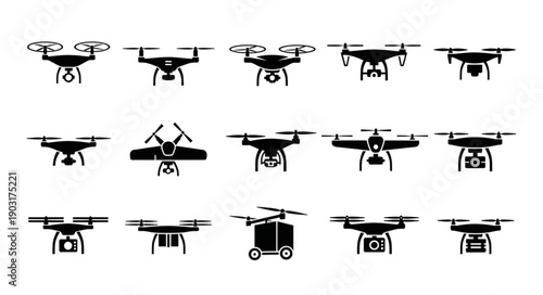 Collection of drone silhouettes in various designs and angles.