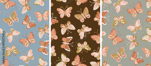 boho butterfly seamless pattern set with earthy colors for textile print wallpaper background wrapping paper scrapbook