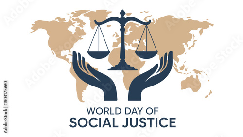 World Day of Social Justice vector illustration with hands holding balanced scales over world map symbolizing global equality, fairness, and human rights