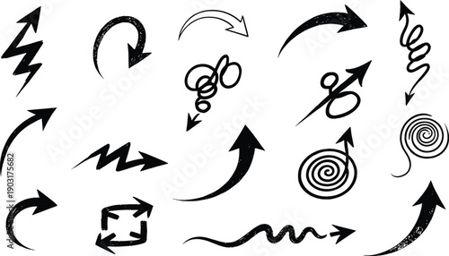Hand drawn black arrow set with curly swirls spiral shapes sketchy pointers and direction indicators vector collection