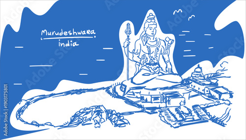 Hand drawn illustration of Murudeshwara temple. Blue color. Features detailed architecture, sacred heritage, and iconic design for travel, culture, and artistic projects.