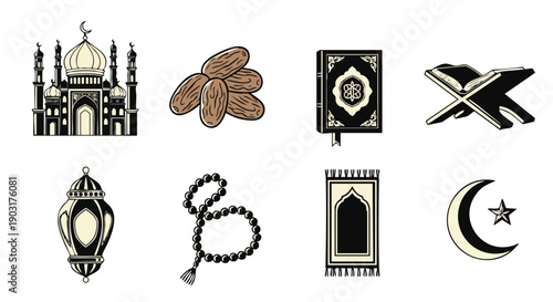 Icônes Détaillées de Célébration du Ramadan en Traits