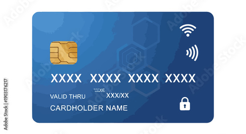 Blue credit card vector with EMV chip, contactless payment, and Wi-Fi symbols. Flat style debit card for online transactions and banking.