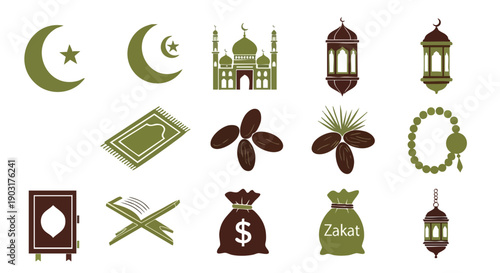 Icônes Minimalistes de Dévotion et Festin Ramadan