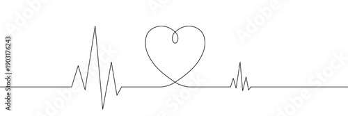 Continuous one line drawing of heartbeat with heart shape symbol for medical and love concept. Single line drawing. Editable stroke. Doodle hand drawn vector illustration