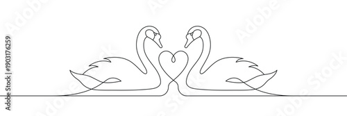 Continuous one line drawing of two swans forming a heart shape with necks. Single line drawing. Editable stroke. Doodle hand drawn vector illustration