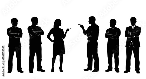 Black silhouette figures depicting group dynamics, confrontation, and disagreement between individuals in a stark, isolated presentation environment