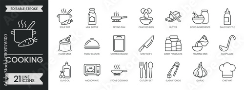 Cooking outline icon set. Containing kitchenware, recipe blogs, chef, kitchen, culinary, pan, pot, spoon, food, grill and more. Editable stroke symbols pack. Vector illustration